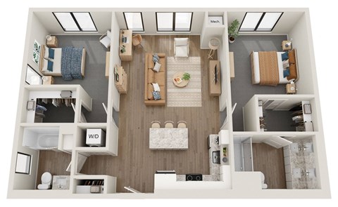 Floor plan for 2 beds, 2 baths, 1051 sqft